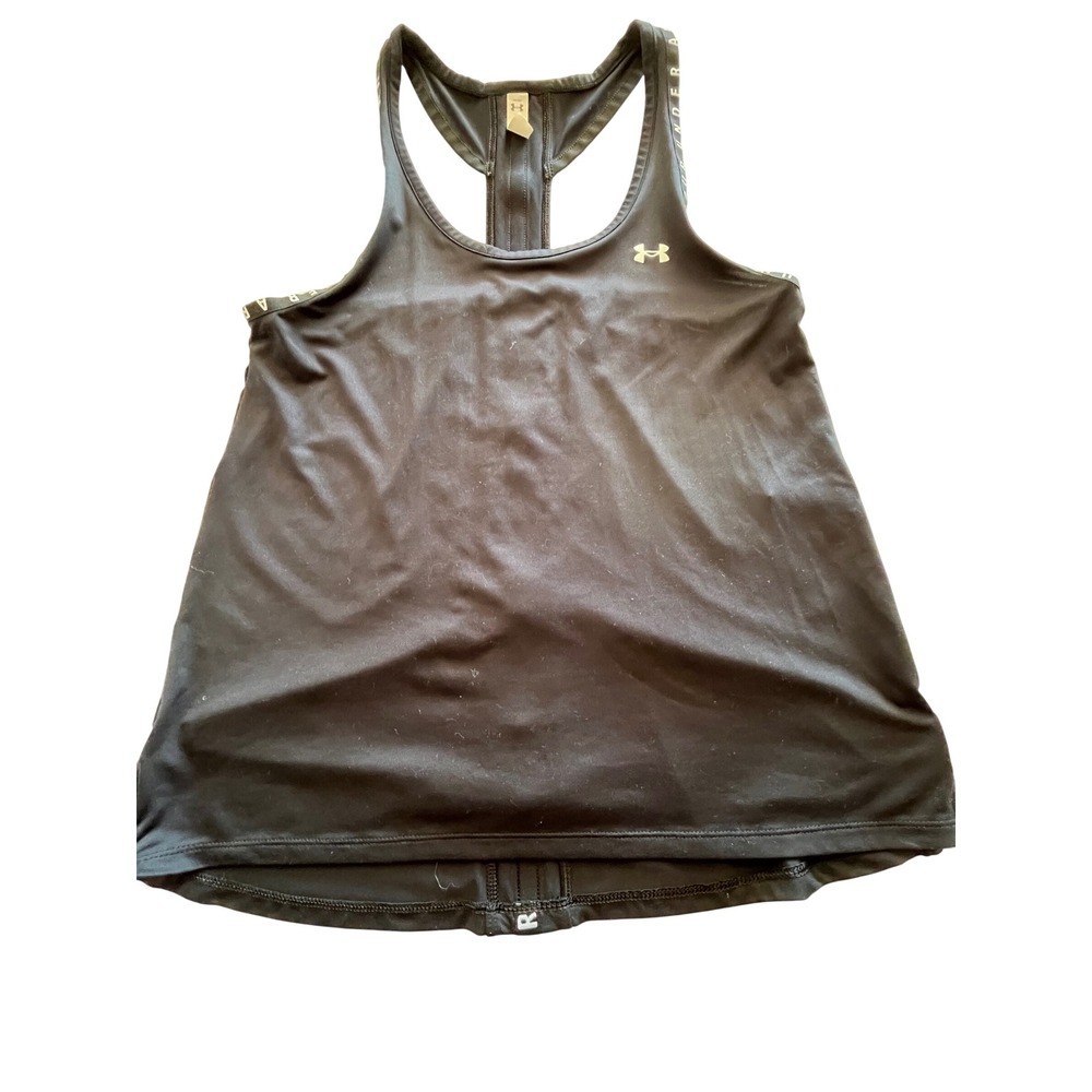 Under Armour HeatGear Womens XS Black Racerback Logo Tape Tank Top Loose Fit